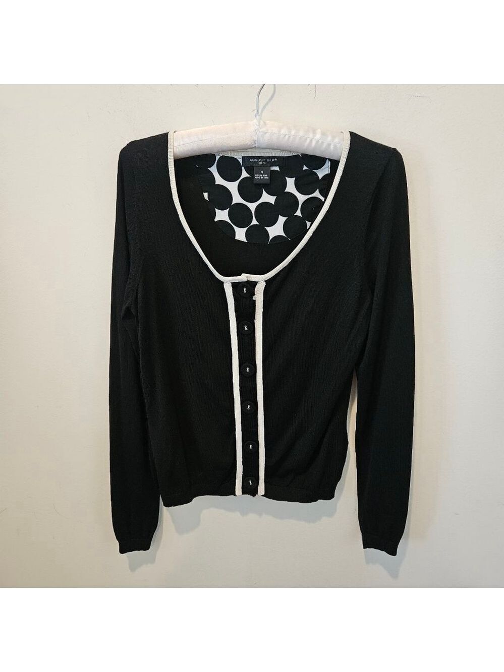 Women's August Silk Knit Button-Down Silk Blend Cardigan Top Black/White Size M